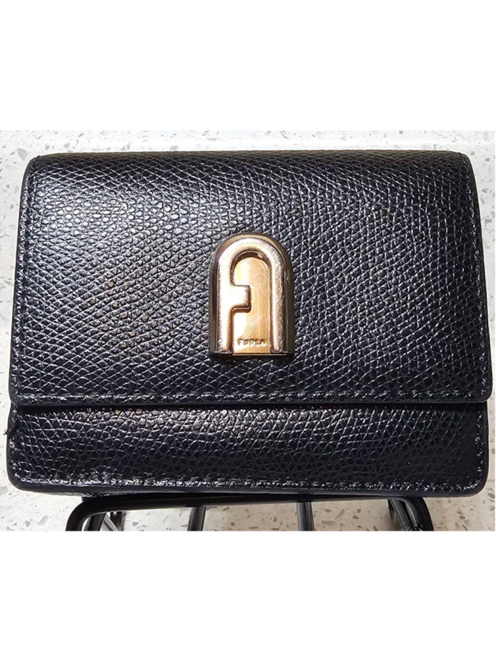 Compact Tri-Fold Black Furla Wallet with Gold hardware